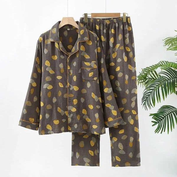 Cotton double-layer Gauze mens long sleeved pants spring and summer womens clothing leaf printed 2-piece pajamas HombreXJ250415