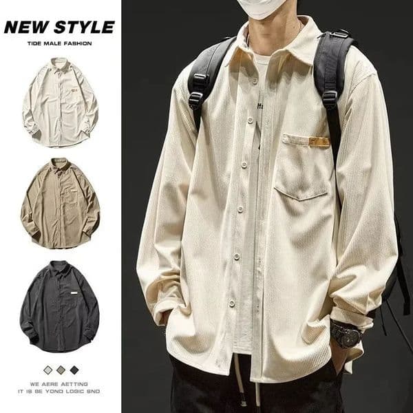 Autumn Long Sleeve Corduroy Shirts For Men Plain Y2K Vintage Cargo Shirt Korean Fashion Loose Streetwear Blouses Clothes 251110