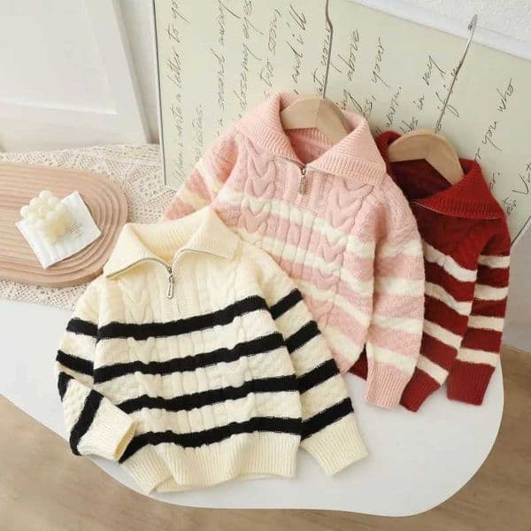 Korean Autumn Winter Children Girl Sweater Turn Down Colllar Striped Kids Girl Knitwear Fleece Thicken Warm Babys Girl Pullovers C251115