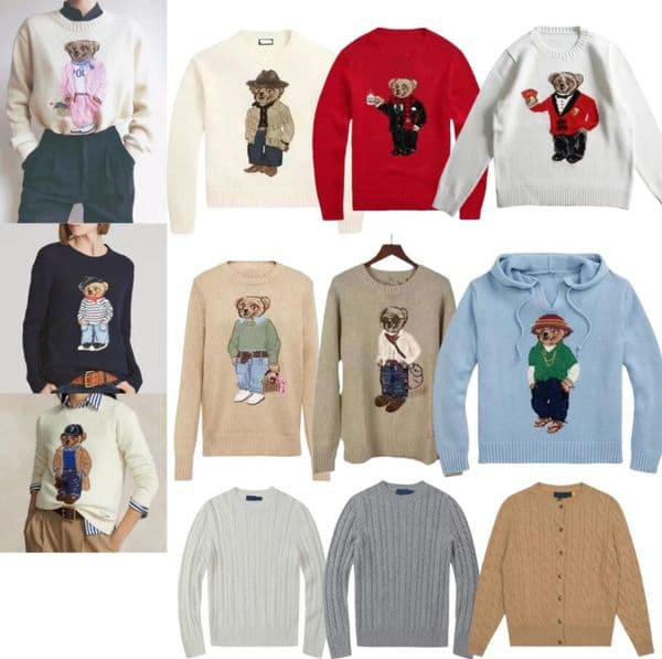 Soft Designer Wool Sweaters for Women - Warm Casual Knitted Pullover Cardigan Long Slve Bear Pattern Winter Fashion in White Grey Khaki - DH0101 L2511298L02