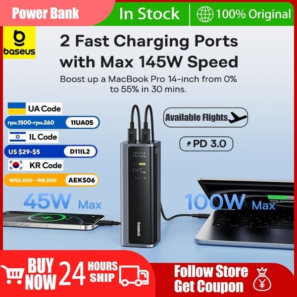 Baseus Power Bank 145W 20800mAh PD 100W Fast Charging with Smart Digital Display Portable External PowerBank for Laptop Phone 251114
