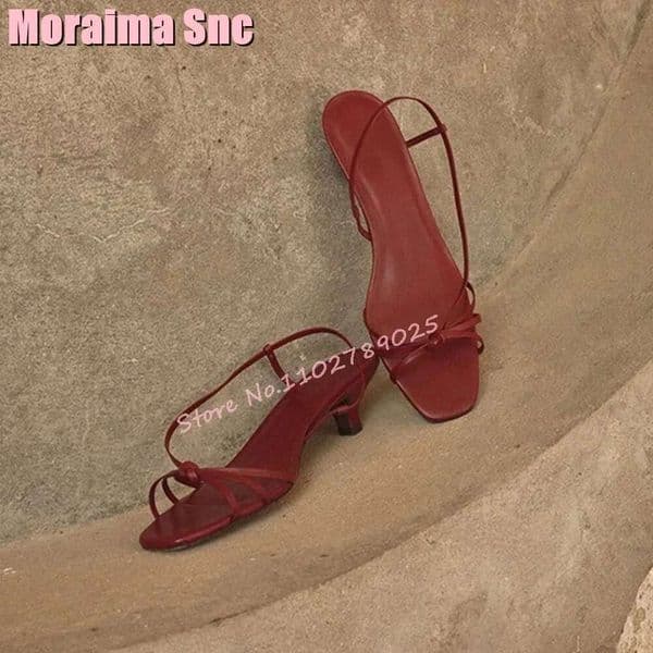 Fashion Concise Narrow Band Sandals Knot Hollow Sexy Kitten Mid Heel Solid Women's Dress Shoes Slip On Summer Banquet 2024 New