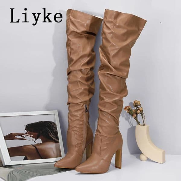 Liyke Fashion n Pleated Leather Over The Knee Boots Sexy Pointed Toe Zip White High Heels Autumn Winter Women Shoes 251103