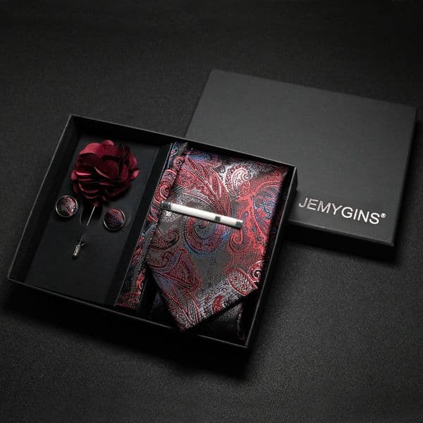 Wine red Men Tie Paisley Silk Tie Pocket Square Cufflink Luxury Gift Box Set Wedding Gravat Accessories Neck Tie For Men
