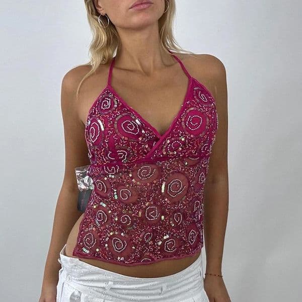 hirigin Women Y2K Sequin Cami Top Pearl Rhinestone Sleeveless Tank Top Sparkle Glitter Backless Crop Top Going Out Streetwear 251112BJ