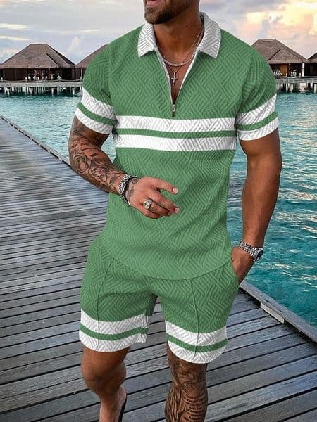 Hawaiian Tracksuit 2pcs Sets 3D Print Zipper Polo Shirt Short Sleeve Shirt And Shorts Casual Fashion Zip-Up Man 2PCS Clothing 250415