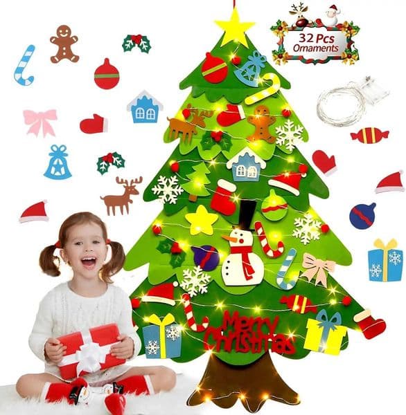 Montessori Felt Christmas Tree for Toddlers 32FT DIY Wall Xmas Tree with 32 Ornaments and LED Lights Y251115
