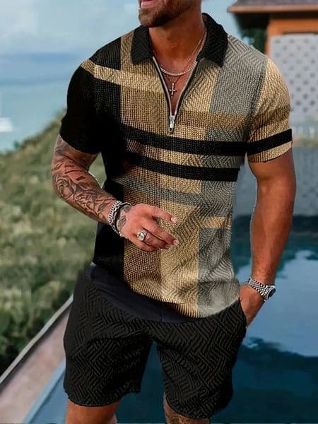 Zipper POLO Shirt Shorts Set Summer Fashion Casual Mens Sports Set 3D Printed Simple Style Lapel Zipper POLO Shirt 2 Sets 250415