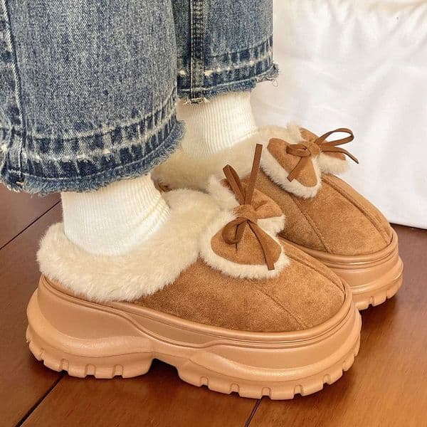 Waterproof bow velvet warm cotton slippers womens winter indoor home thick bottom non-slip outer wear fashion cotton shoes Z251113