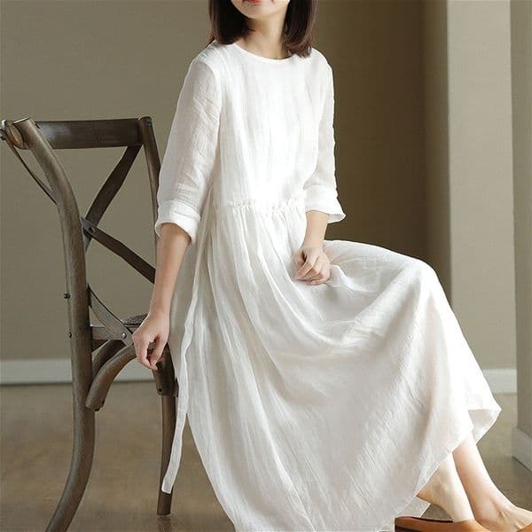 687 New Summer Ramie Dress Women's White Cotton and Linen High Waist Slim Artistic Loose Round Neck Dress
