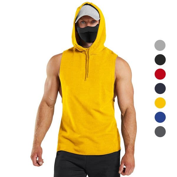 2025 new sleeveless vest casual T-shirt solid color hooded lace up hip-hop men's sportswear summer