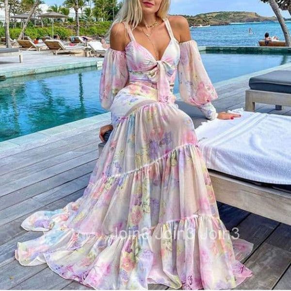 2025 Summer New Womens Dress with Waist Cinching and Slimming Print Suspender Large Swing Long Skirt