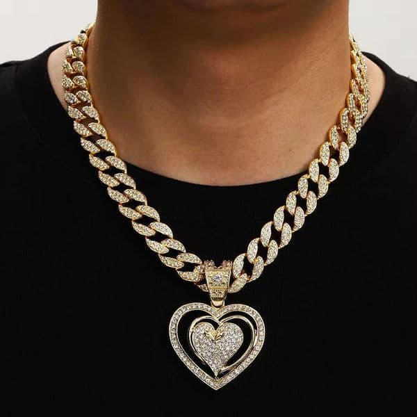 DHcollection Iced Out 15MM Cuban Necklace With Alloy and Rhie Hip Hop Heart Pendant Rapper Chain