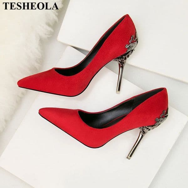 Carved Metal Heels Wedding Elegant Women Pumps Red Gold Solid Flock/PU Shallow Pointy Toe Dress High Heel Shoes Woman Autumn 251111