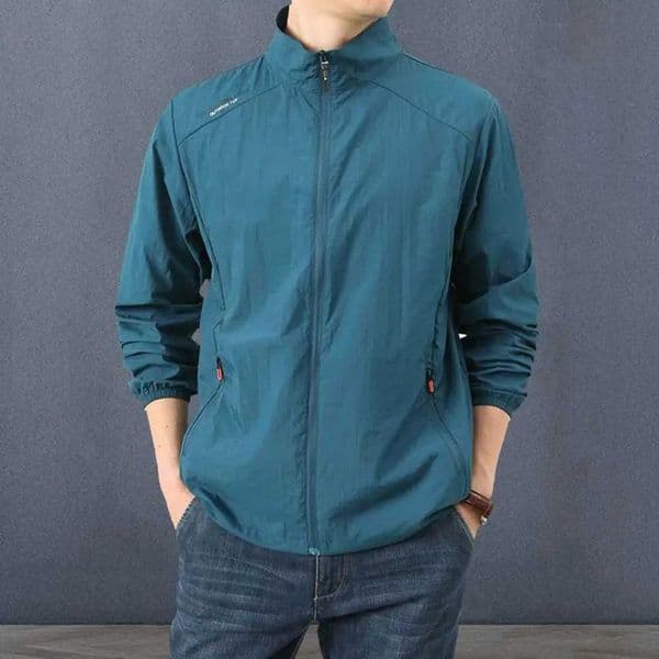 Mens summer jacket casual lapel long sleeved solid color mens sun jacket loose fit zipper board windproof mens outdoor jacketXJ250416