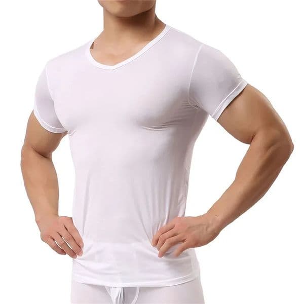 Man Undershirt Ice Silk T Shirts Male Nylon V-neck Short Sleeves Tops Ultra-thin Cool Sleepwear 250415