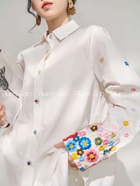 Wer Embroidery Long Sleeve Shirts Cardigan POLO Turn-Down Collar Button Up White Shirt Temperament Elegant Women Tops