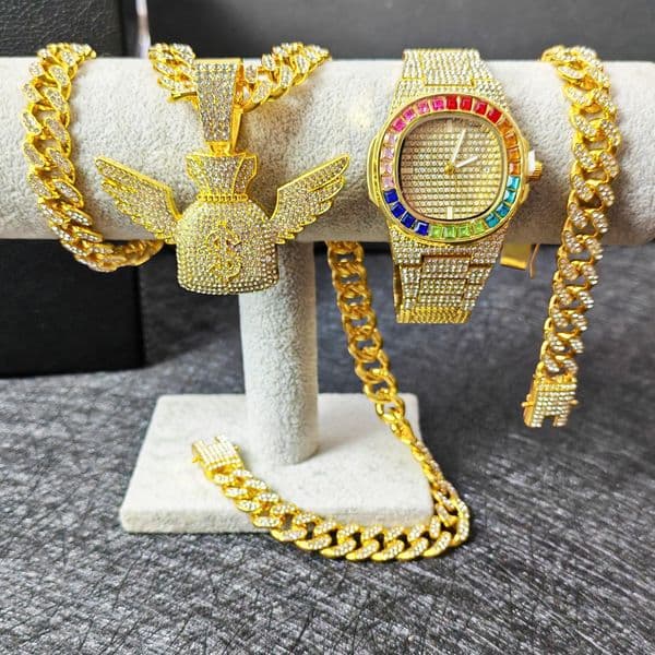 Full gold Hip-Hop Cuban Chain Set with Diamond-Studded Watch, Bracelet, Necklace, and Wristwatch Lced Out Watch