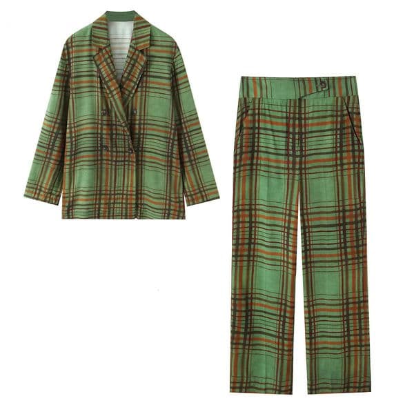 Vintage Green Plaid Loose Jacket Blazer Zip-up Wide-leg trousers Autumn Fashion Women Suits Female Coats Streetwear 251111