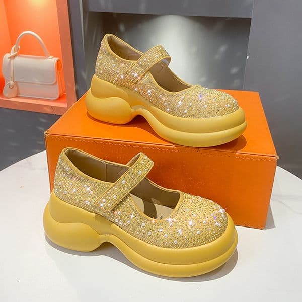 Luxury Diamond Women's Height Increasing Shoes Summer Fashion Round Toe Rome Style Sandals Platform Chunky Genuine Leather Shoes Velcro Mary Jane Beach sandals