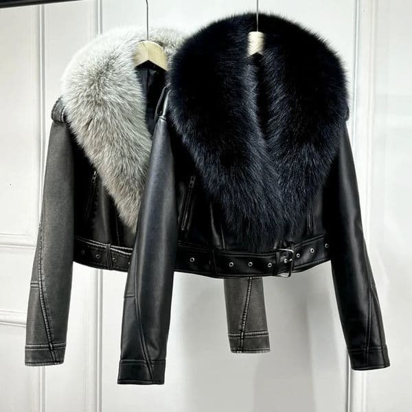 Large Fox Fur Autumn Women Washed Gradient Long Sleeves Jacket Female Faux Leather Bomber Locomotive PU Coat 251112