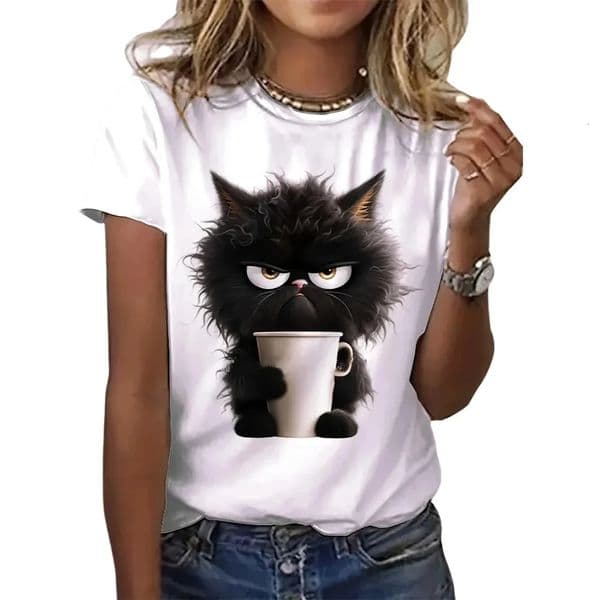 Interesting cat womens summer white printed Tshirt for girls casual short sleeved Oneck top animal clothing 250407BANJIA