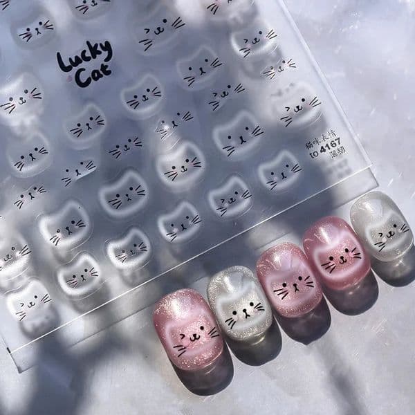 White Halo Dyeing Cat Face Cup Black Orange Toy Umbrella Love Heart Kitty Cake Embossed Relief Nail Art Stickers Manicure Decals 251111