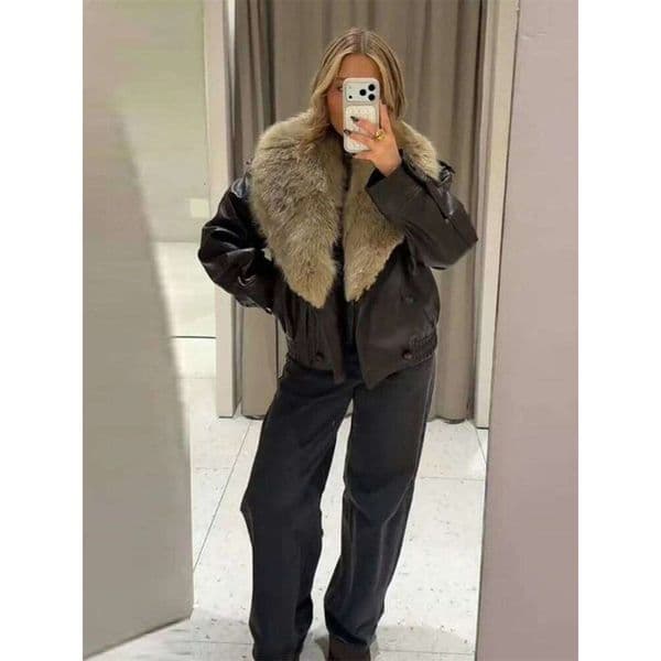 Retro Leather Jackets Women V Neck Long Sleeves Double Breasted Detachable Faux Fur Coats Female Winter Warm Streetwears