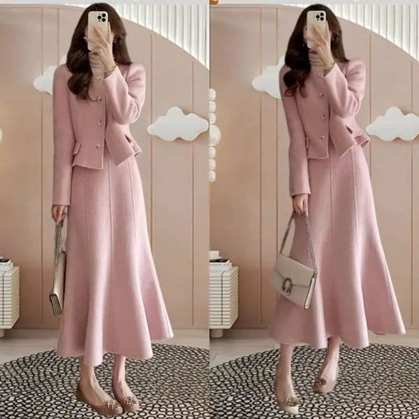 High End Small Fragrance Womens Two Piece Set Celebrity Autumn Winter Tweed Long Sleeve Coat A-line Midi Skirt Pink Suit 251112