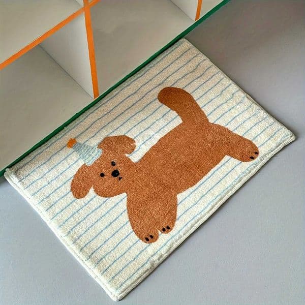 1pc Cartoon Dog Stripe Bath Mat Non-Slip Absorbent Flannel Rug Machine Washable Polyester Blend Rectangular Bathroom Mat Y251117