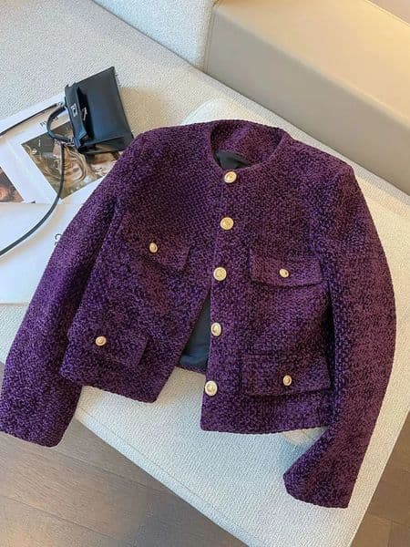 Jmprs Purple Retro Tweed Jacket Women Fall Winter O Neck Long Sleeve Short Coat Korean Casual Elegant Vintage Female Slim Tops 251111