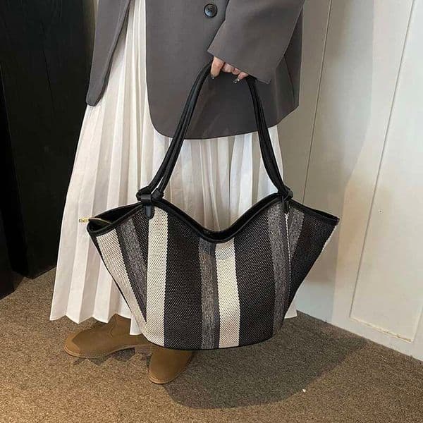 Striped Shoulder Bucket Bags For Women Contrast Color Canvas Fabric Large Capacity Shopper Totes Autumn New Handbags Female