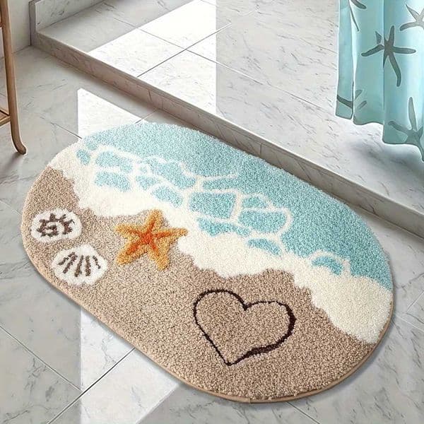 Luxury 1pc Ocean-Themed Plush Faux Cashmere Bathroom Mat Anti-Slip Absorbent Bath Mat with Beach Starfish Heart Design Y251117