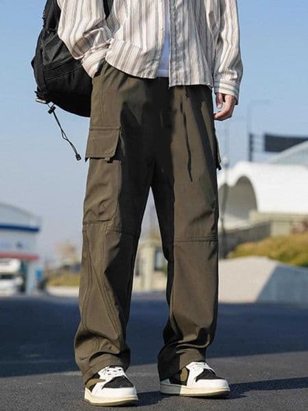 Mens Autumn-Winter Cargo Jogger Fleece Sweatpants Loose Multi-Pocket Long Trousers for Hip Hop Street Style M251117