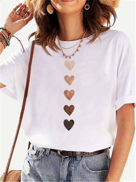Fashion Funny Love Heart T-shirt casual round neck womens clothing summer short sleeved graphic womens top T-shirt 250410BJ