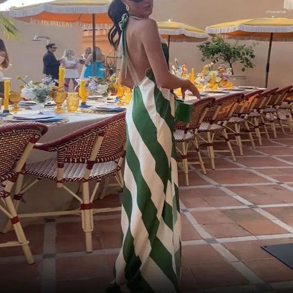 Casual Dresses Elegant Striped Pleated Holiday Dress Women Fashion Halter Sleeveless Long Summer Sexy Backless Hollow Out Boho Robe