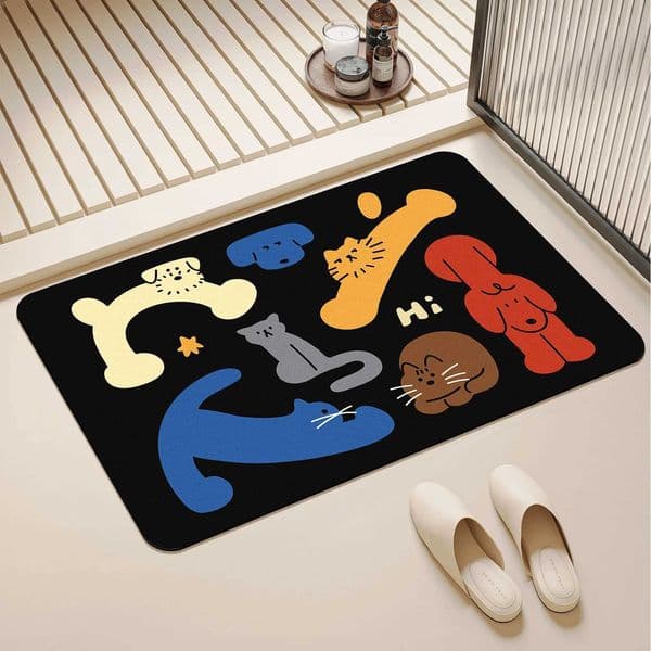 Rubber bathroom anti-slip floor mat water-absorbing and quick-drying floor mat colorful cat and geometry printed floor mat Y251117
