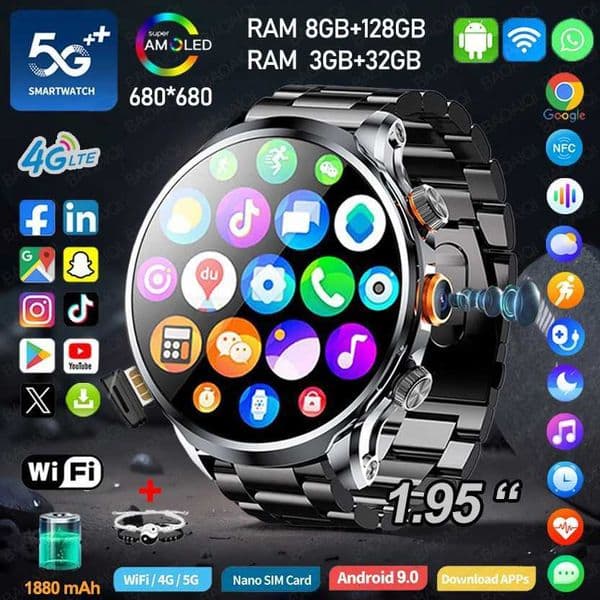 5G/4G Smart Watch Man 195 inch 680680 AMOLED Video Call 800W HD Camera GPS Map WIFI Google Play Smartwatch 8GB128GB RAM WatchM251117