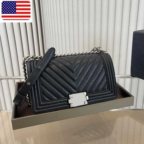 Designer Bag Womens Classic Flap Quilted Boy Caviar Leather Bags Chevron Line Vstitch Aged Silver Adjustable Shoulder Strap Crossbody Shoulder Designer Handbags 2
