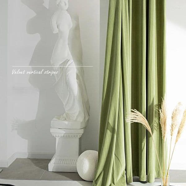 Curtain Matcha Green Velvet Vertical Stripe Texture Pure Color Minimalist Modern Blackout For Bedroom Living Room
