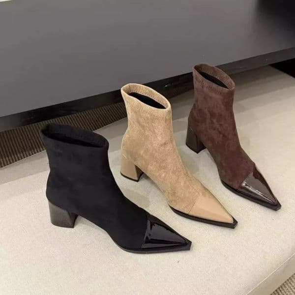 French Skinny Stretch Booties Womens Paneled Pointed Toe Block Heel Pump 251114