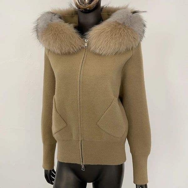 OFTBUY Real Fur Collar Short Cardigan Fashion Autumn Winter Clothes Female Hooded Big Knitted Jacket Natural Coat Women 251112