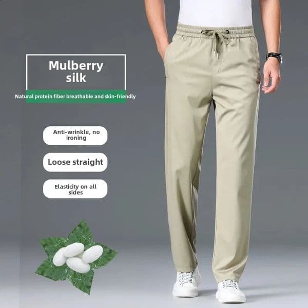 High end mulberry silk sports pants for mens summer slim fit casual pants middle-aged dad ice silk pants 250410