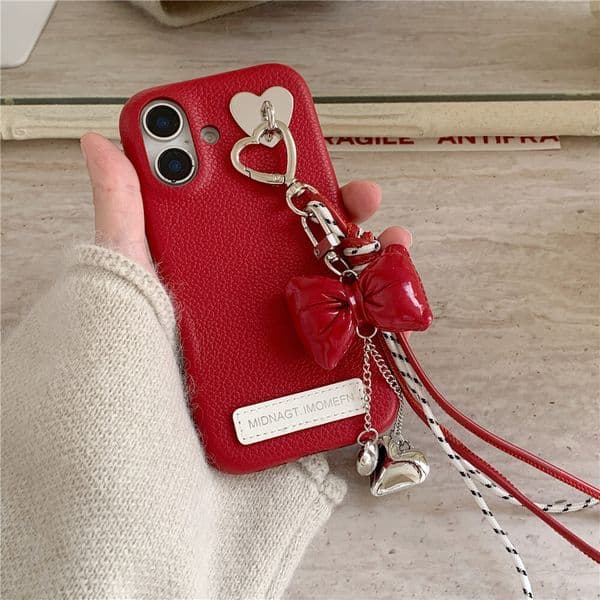 Butterfly Bow Heart Pendant Phone Case Compatible with iPhone 17/16 Pro Niche Solid Color Leather iPhone 15/14