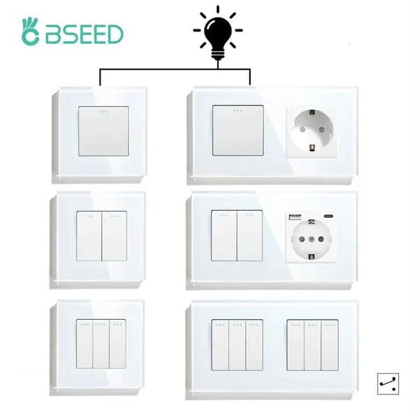 BSEED 1/2/3Gang Wall Switches 2Way Stair Light Switches Plus Type-c USB Socket EU Standard Glass PanelW251117