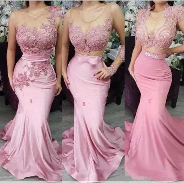 3 Mixed Styles Pink Mermaid Bridesmaid Dresses Lace Appliques Long Satin Wedding Guest Gowns Illusion Sleeve Stylish Prom Party Dress 1117