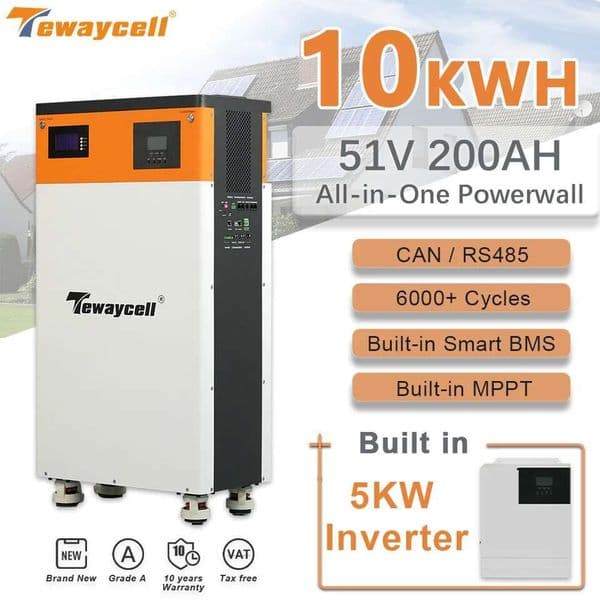 Tewaycell 10KWH All-in-One System 51.2V 200AH Lithium Ion Lifepo Battery Solar Powerwall Built-in-BMS 5KW Inverter Free Tax