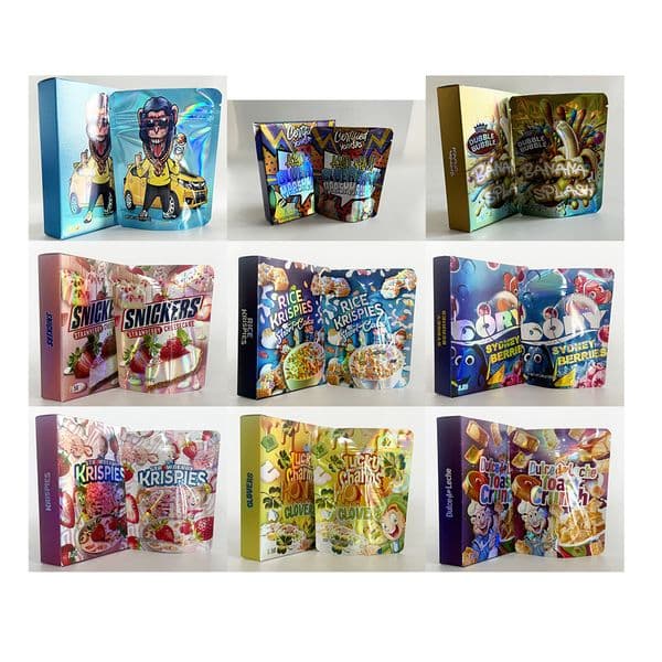 New Designs Combo Cartoon Box Set With Die Cut Mylar Bags 3.5g Smell Proof Soft Touch Empty Pack Zip Lock 3.5 Plastic Package Pouches Storage Paper Packaging Case Kit 2026