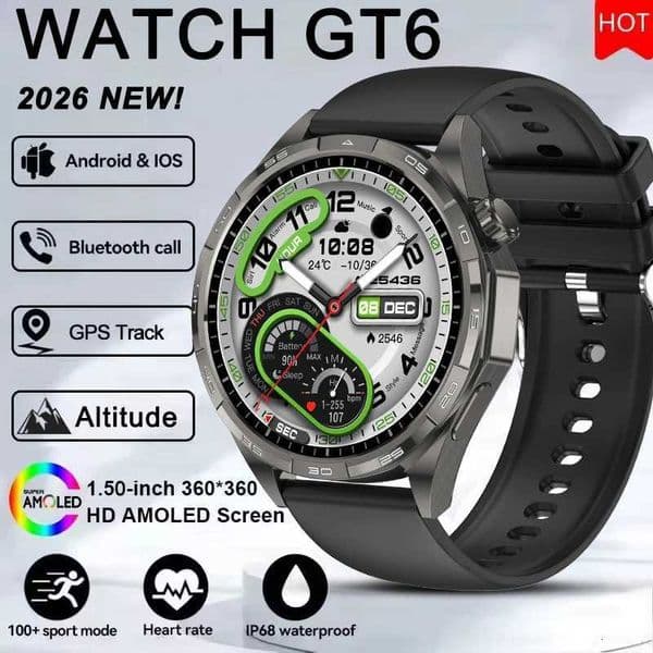 New Watch GT6 Smart Watch Men HD AMOLED Screen GPS Track Always Show Time Heart Rate Call Waterproof Sports SmartwatchM251117