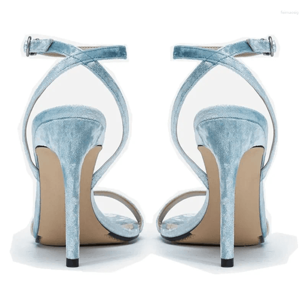 Sandals Velvet Buckle Strap Thin Heeled Open Toe Sexy Blue High Heels Banquet Women Shoes Sandalias Mujer Verano
